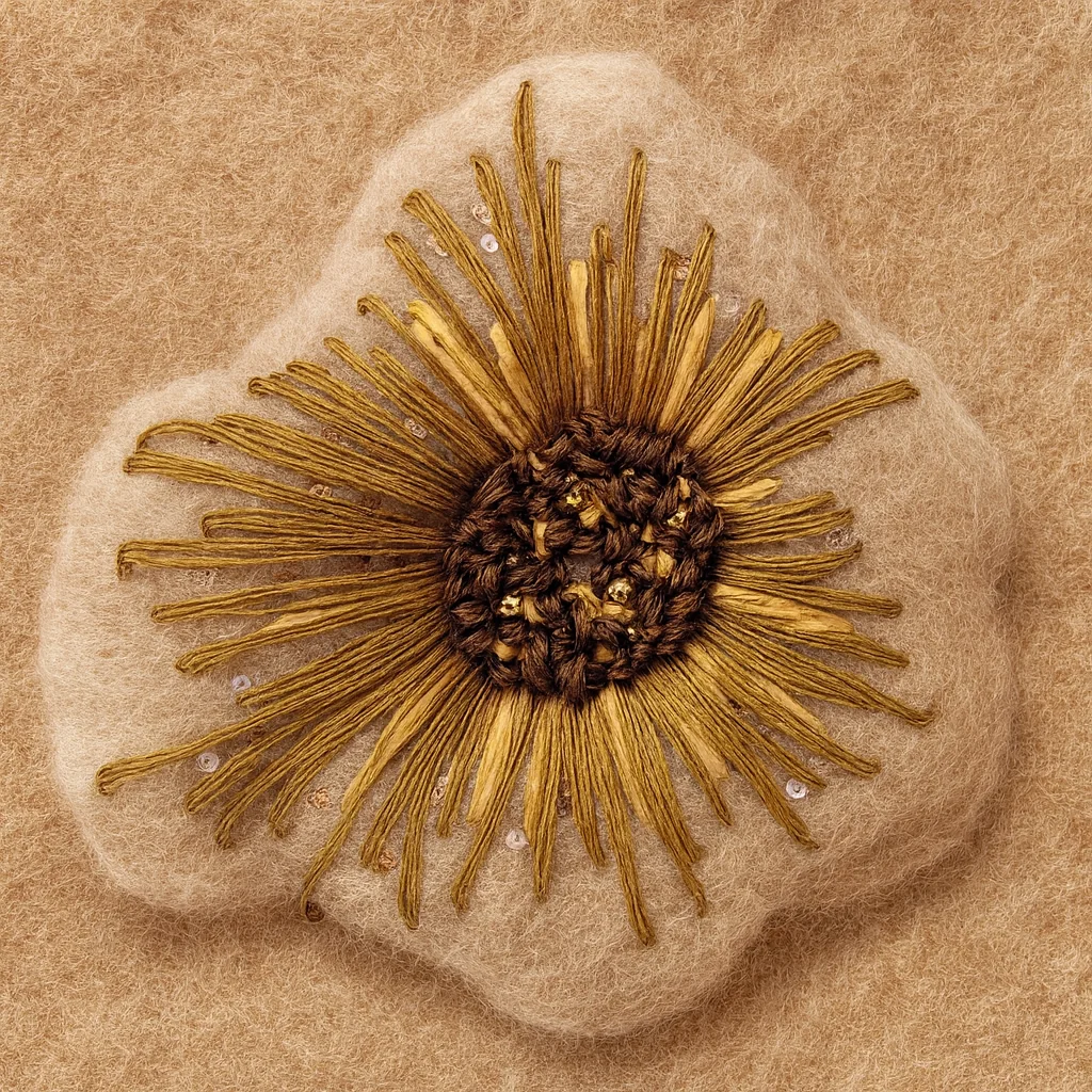 Fleur brodée sur un galet de feutre