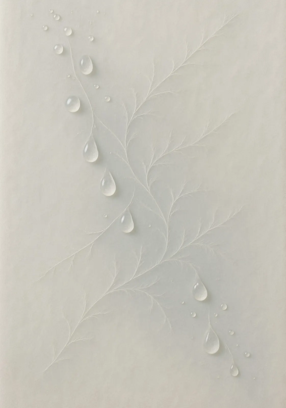 Branche en relief blanc sur papier, gouttes translucides