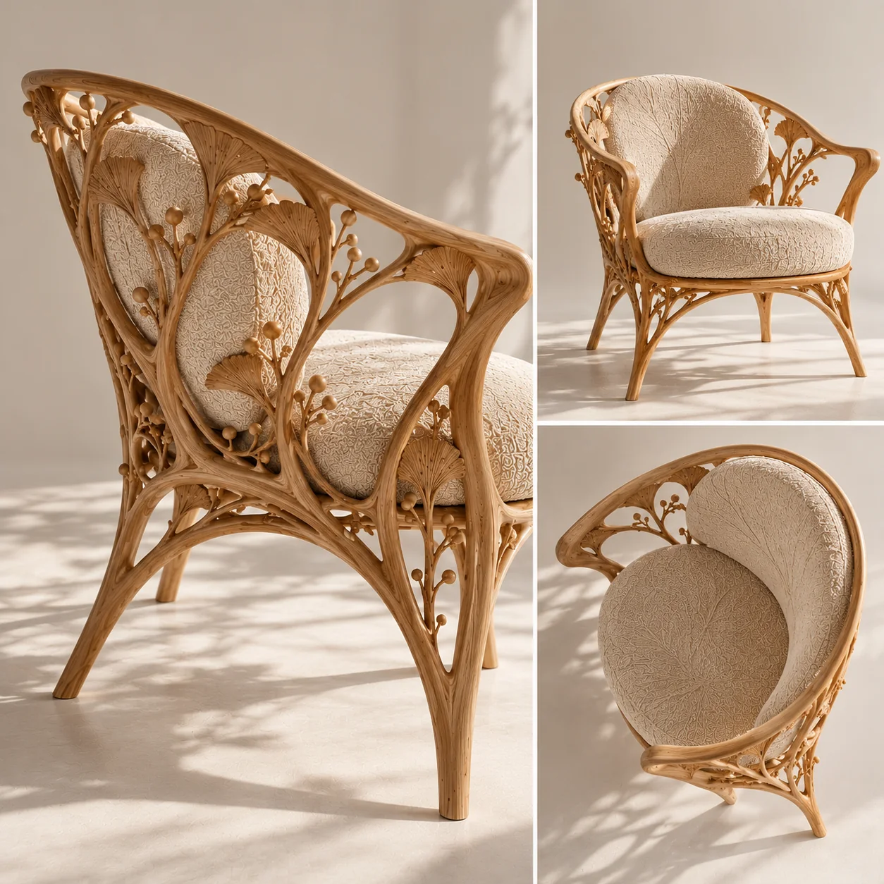 Fauteuil en bois sculpté de feuilles de ginkgo, trois vues