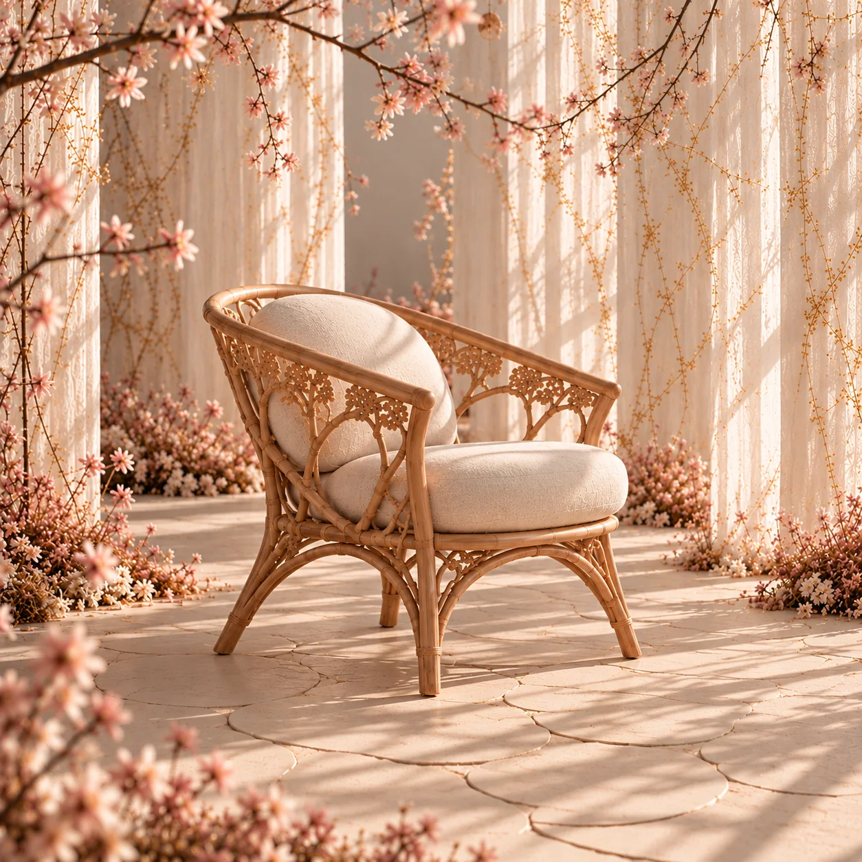 Fauteuil en rotin ajouré, coussins ivoire