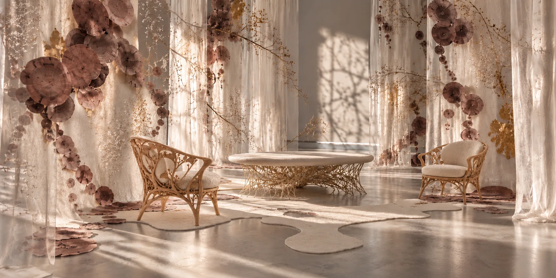 Deux fauteuils et la table basse ovale dans une galerie tendue de voiles