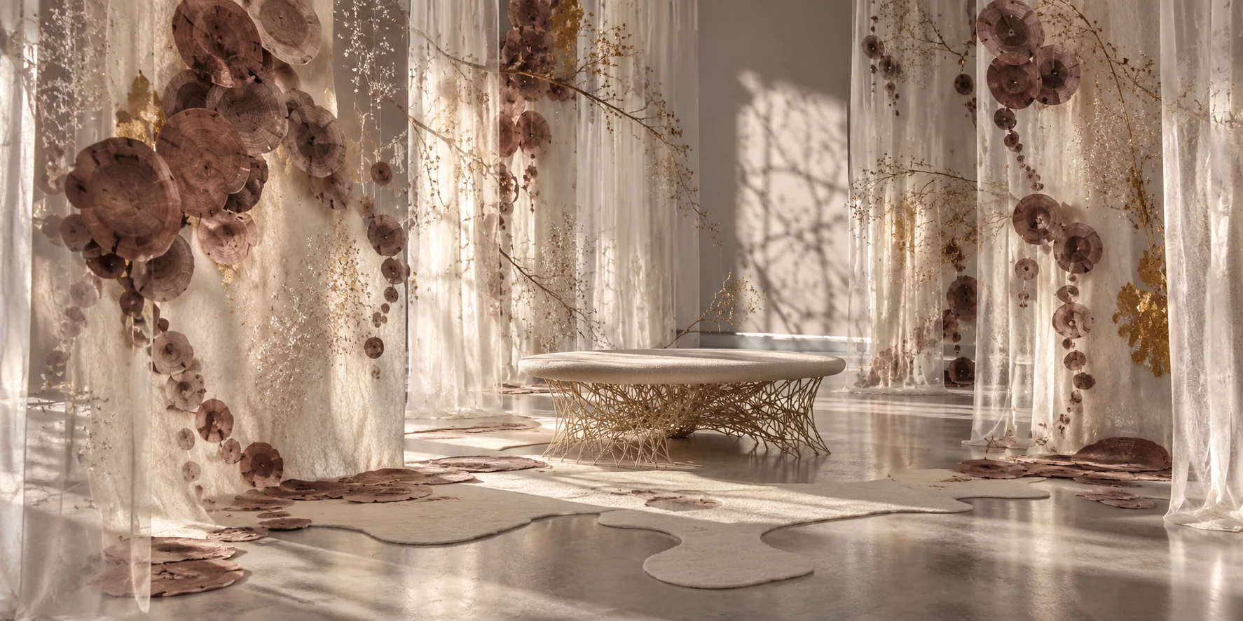 La table basse entre des voiles ornés de rondelles de bois
