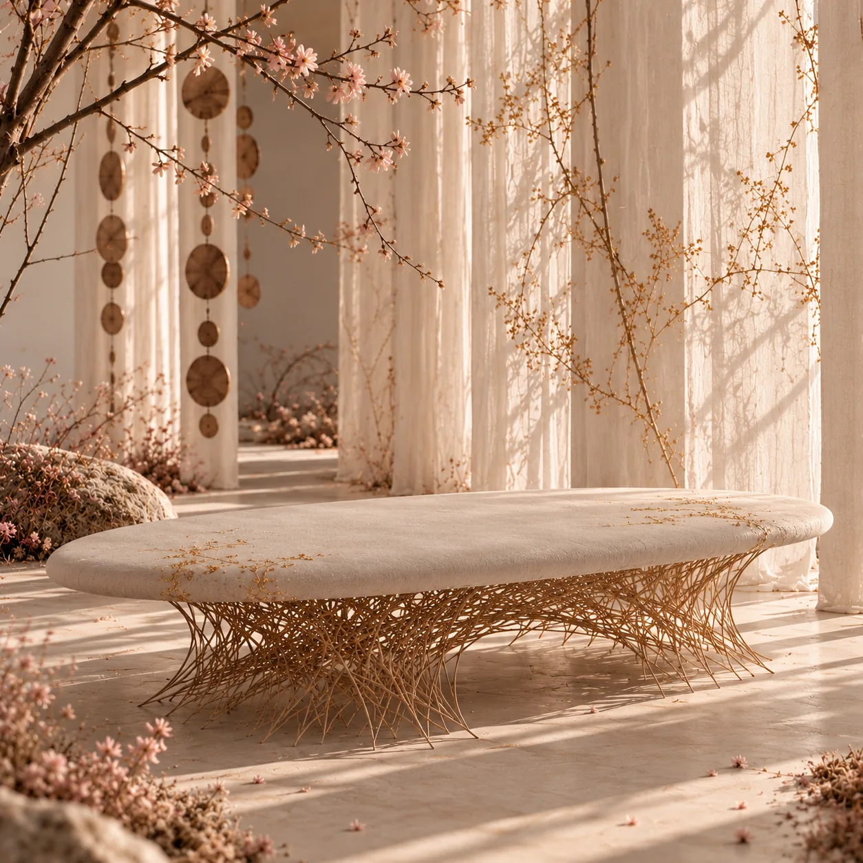 Table basse ovale au plateau brodé