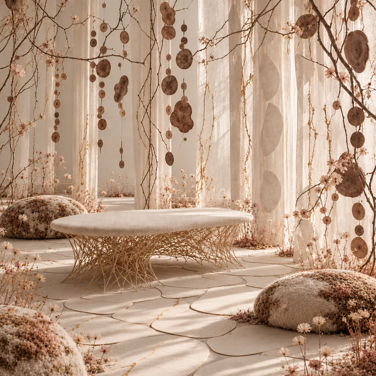Table basse entourée de poufs galets fleuris